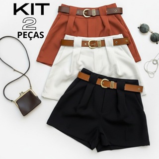 Kit 2 Shorts Femininos Alfaiataria Social Cintura Alta com Cinto – Elegante e Confortável | Promoção em Oferta na Shopee