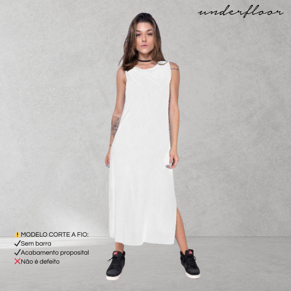 Vestido Longo Branco Feminino Corte a Fio ACABAMENTO SEM BAINHA com Fenda MALHA FIRME Promoção Liquidação