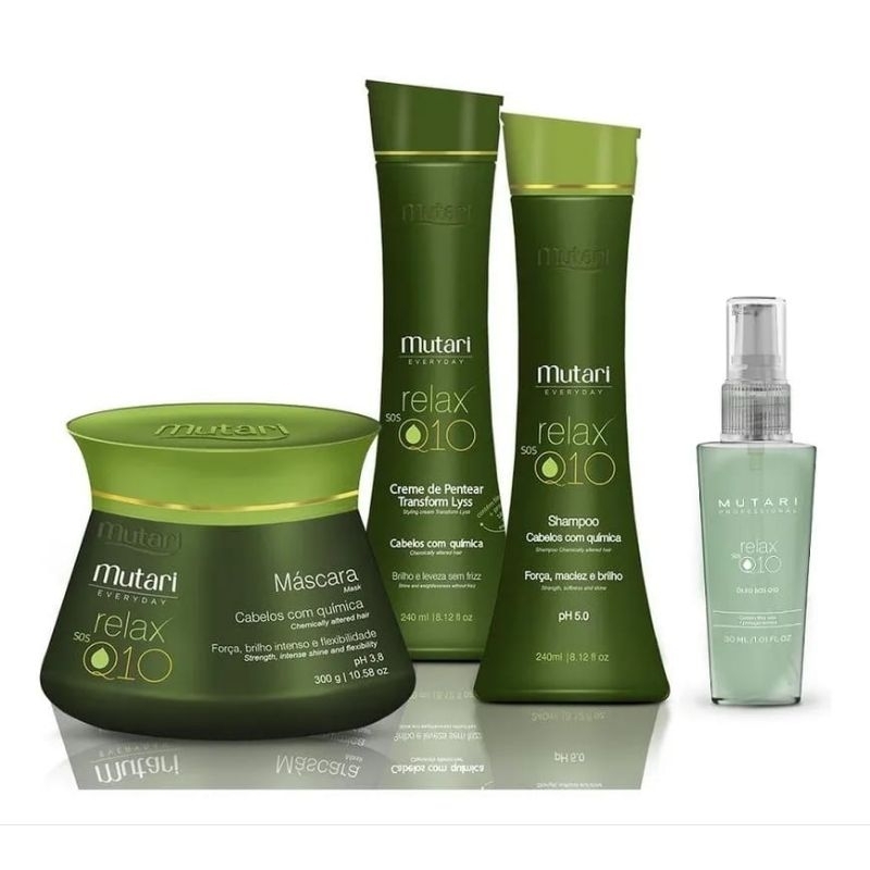 Kit Q10 da Mutari (Relax SOS Q10) - 1 Shampoo 240ml + 1 Creme de Pentear 240ml + 1 Máscara 300g + 1 Óleo SOS 30ml