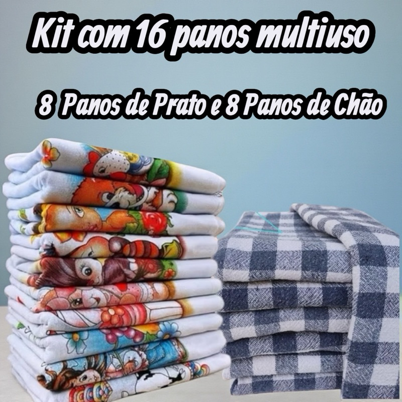 Kit 16 Panos Multiuso Sendo 8 Panos de Chão 65 x 40 e 8 Panos de Prato 100% Algodão 69 X 42 CM em Oferta na Shopee
