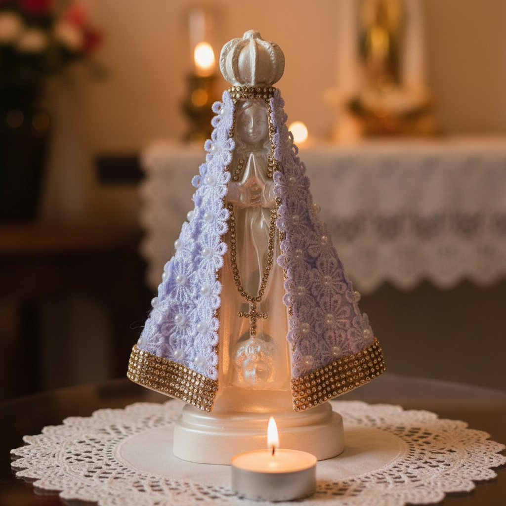 Nossa Senhora Aparecida 22cm Guipir Branco Decoração Luxuosa E Delicada/ Lembrança de batizado / Lembrança de casamento/