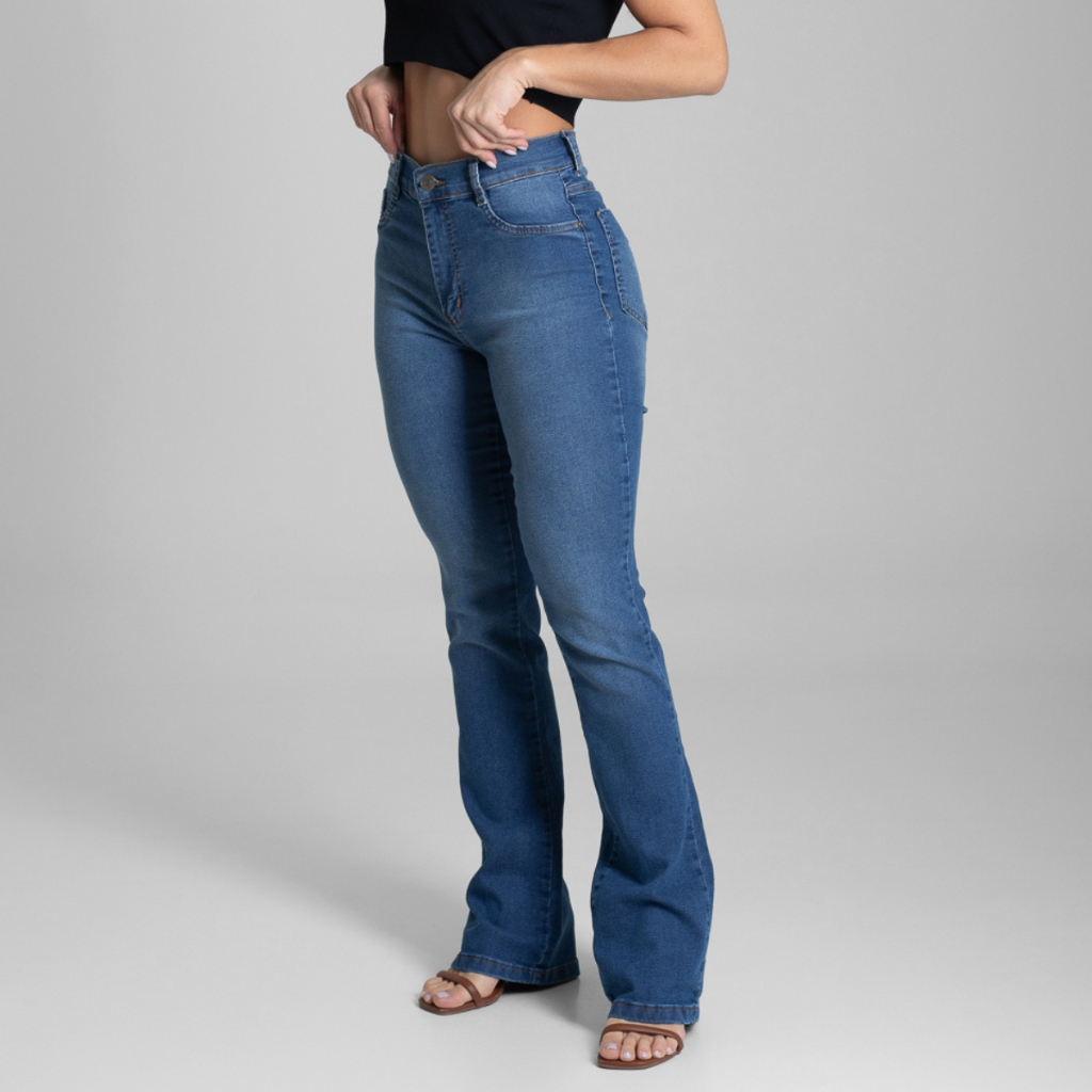 Calça Jeans Feminina Sawary Country Rodeio Original Cintura Alta Boca Flare Sino Lycra Elastano