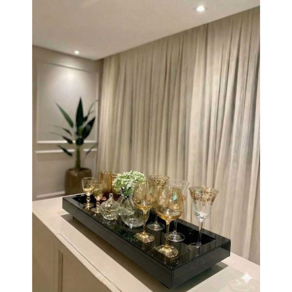 Bandeja Preta Grande Vidro Sala Aparador Decoração 60x25