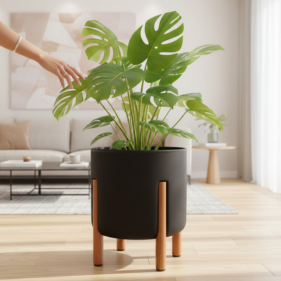 Vaso Decorativo com Pé de Madeira - Design Moderno para Sala, Casa e Escritorio (30x26) em Oferta na Shopee