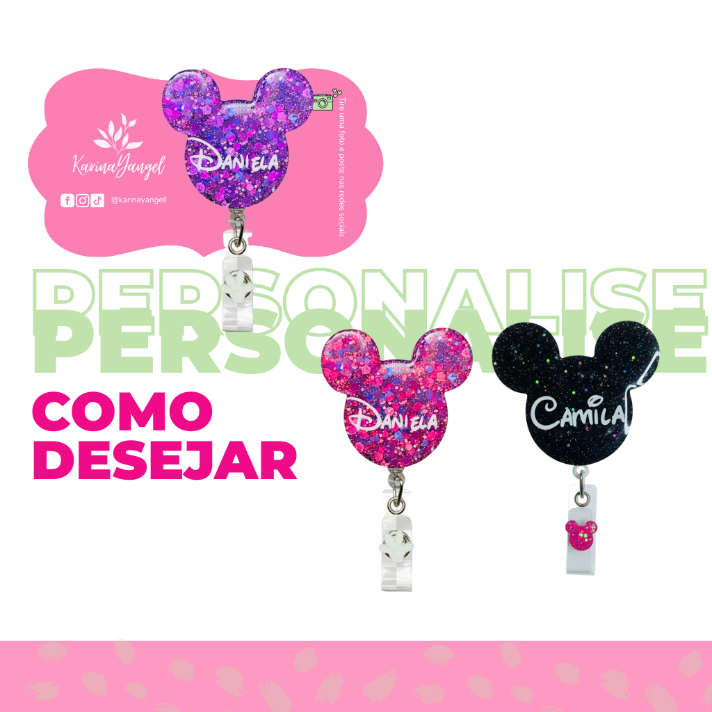 Porta Crachá Personalizado Mickey em Resina – Roller Clip Retrátil com Brilho Roller Clip Button