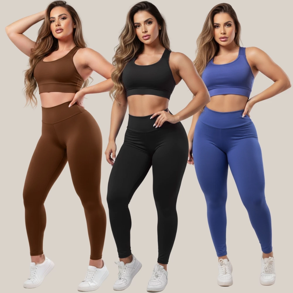 Kit 3 Conjuntos Calça Legging E Top Roupas Feminina Academia Esporte Suplex Revenda A01 — imagem 1