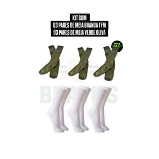 Kit com 03 Meias Verde Oliva e 03 Meias Brancas | Ideal para Uso com Coturno e Treinamento Físico Militar em Oferta na Shopee