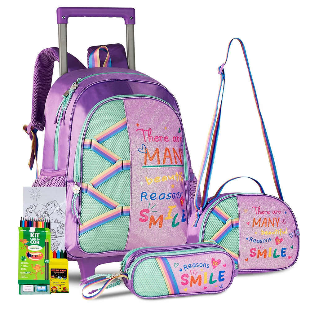 Kit Mochila Estojo Lancheira Holográfica Clio Happy Cute Coleção 2025 Brilho Meninas Linda Escolar