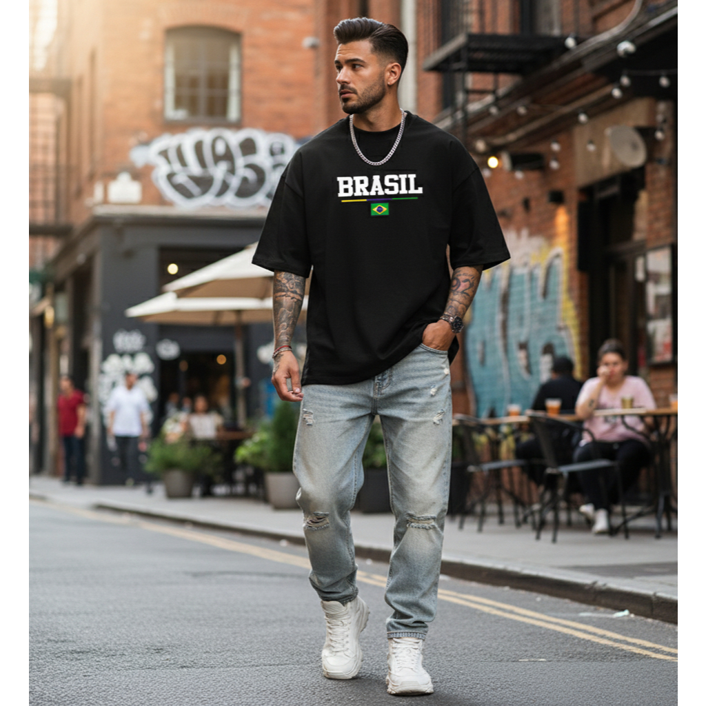 CAMISETA OVERSIZED ESTILOSA MASCULINA SELEÇÃO BRASILEIRA 2026 BANDEIRA DO BRASIL VERÃO 100% FUTEBOL