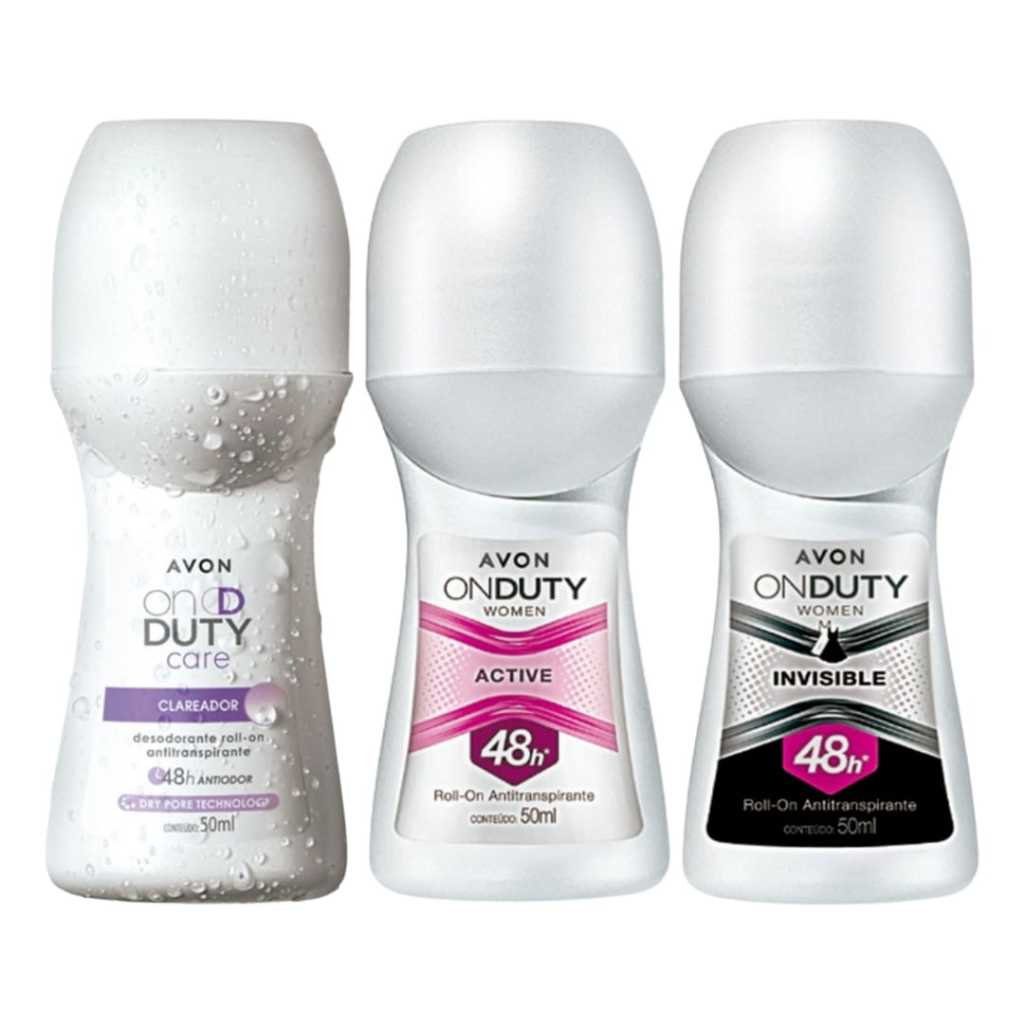 Kit com 3 Desodorante Roll-on On Duty Clareador Invisible Active - Avon em Oferta na Shopee