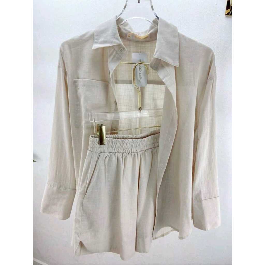 Conjunto Feminino de Linho Shorts e Camisa Alfaiataria Verão em Oferta na Shopee