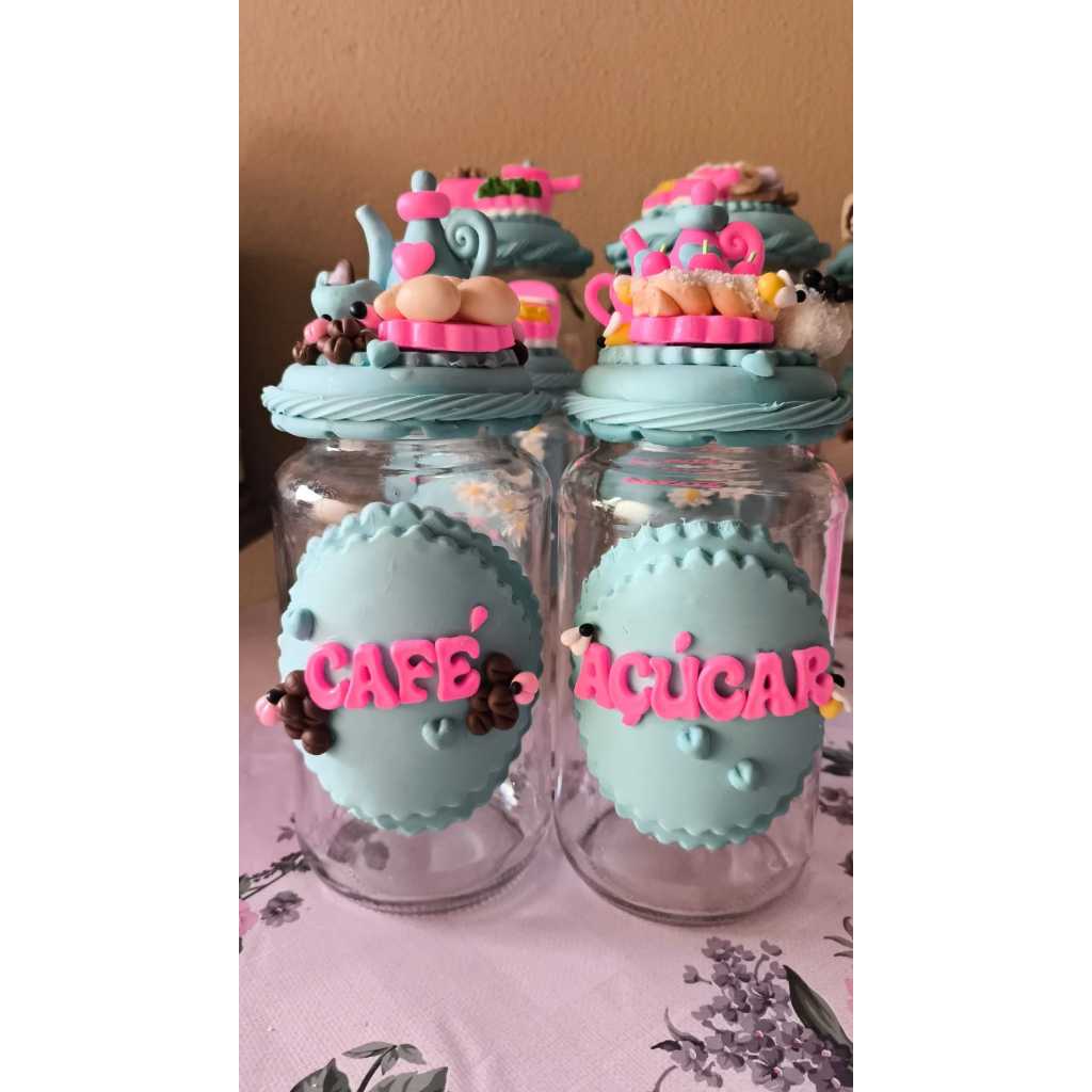 Combo Potes de Açucar e Café Decorados em Biscuit Tema Turquesa Pink