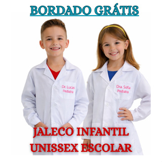Jaleco Infantil Unissex - BORDADO GRÁTIS - Fantasia, Laboratório Escolar, Médico, Veterinário, Cientista em Oferta na Shopee