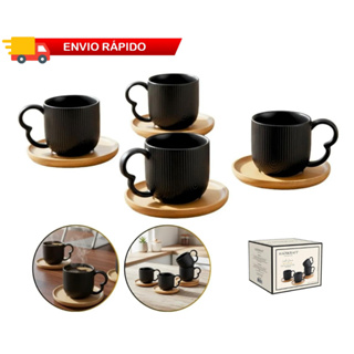 Jogo 4 Xícaras Porcelana Branco ou Preto De Café Chá Com Pires de Bambu Madeira Oásis 90ml em Oferta na Shopee