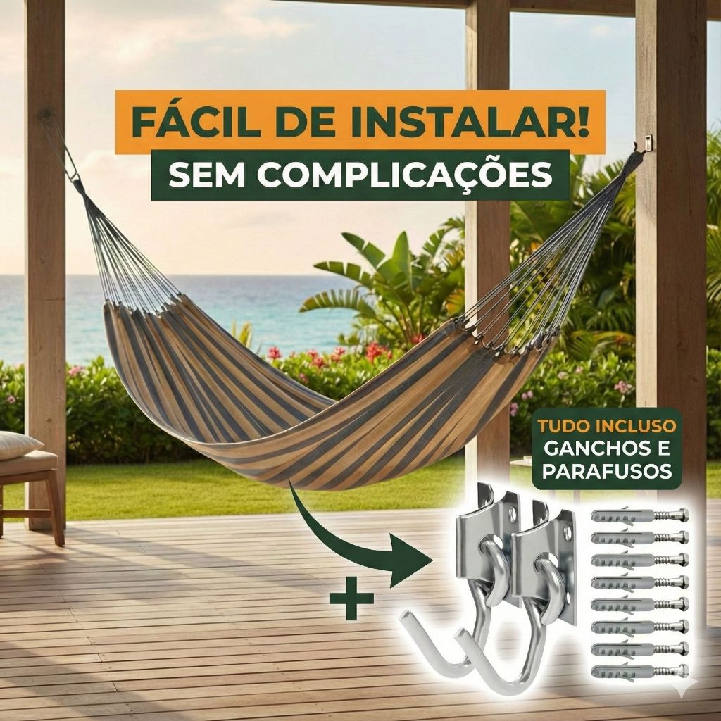 Rede de Descanso Casal Terra & Sol 3,90 x 1,50 + Par de Ganchos c/ 8 Buchas e 8 Parafusos 10mm em Oferta na Shopee