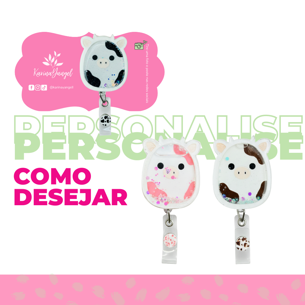 Porta-Crachá Vaquinha com Água e Glitter – Shake Fofo Roller Clip Button de Resina Epóxi