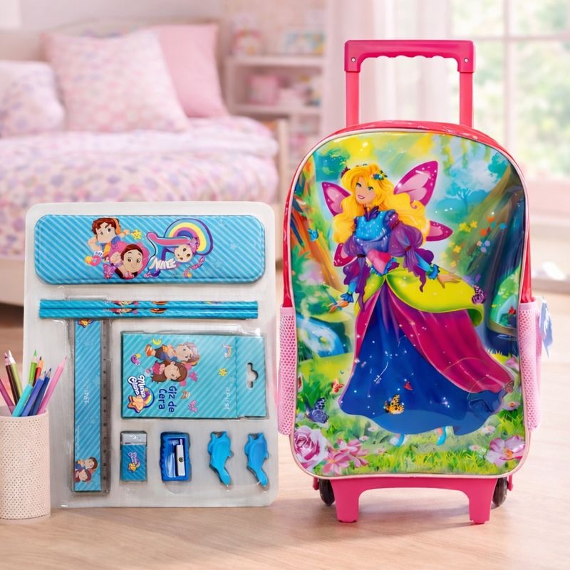 Kit Escolar Infantil Completo Maria Clara JP+Mochila Rodinha Princesa Wings Rosa Estojo Acessórios