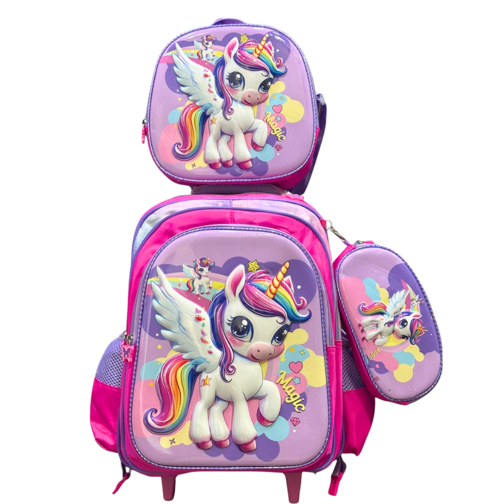 Kit Mochila de Rodinha Unicórnio Com Estojo E Lancheira Material Escolar De Menina