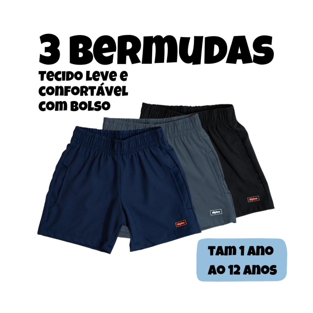 Kit 3 Bermudas Infantil Diploo Tactel Com Elastano Praia Piscina Escola Futebol Lazer Verão