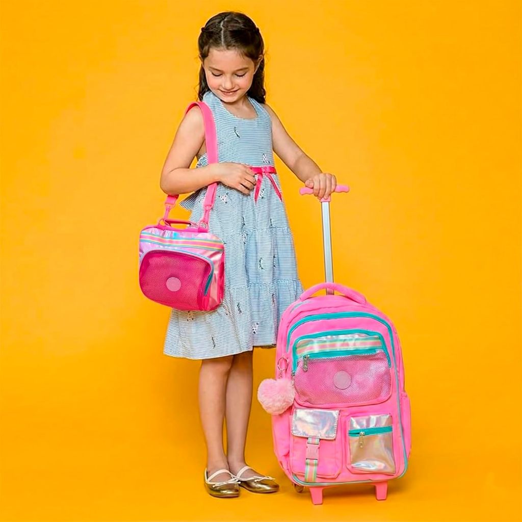 Kit Mochila Menina Infantil de Rodinha com Lancheira e Estojo Grande Escolar Ideal para Passeios Viagens Furta Cor