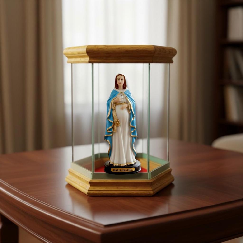 Imagem Nossa Senhora Grávida 15cm Resina com Redoma de Vidro