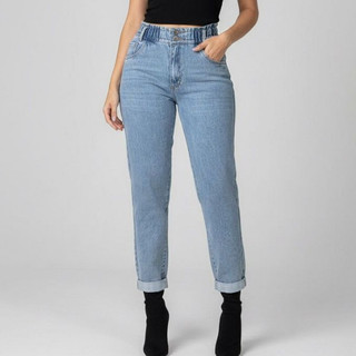 Calça Jeans Feminina Mom Slouchy Cintura Alta Com Elástico Cós Clochard