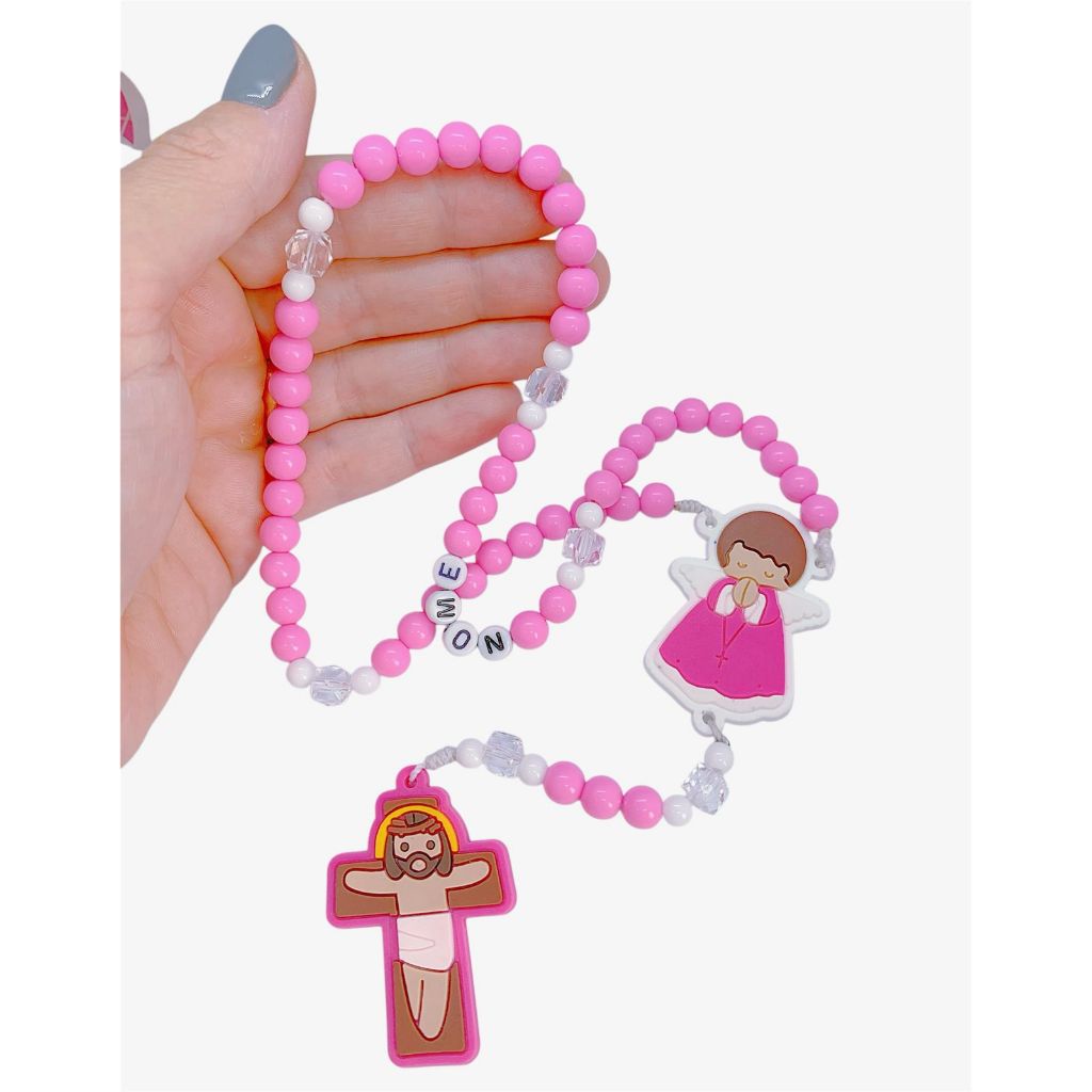 Terço Infantil Rosa Personalizado com Nome Criança Batizado Comunhão em Oferta na Shopee