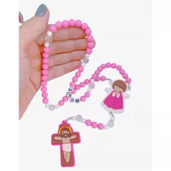 Terço Infantil Rosa Personalizado com Nome Criança Batizado Comunhão