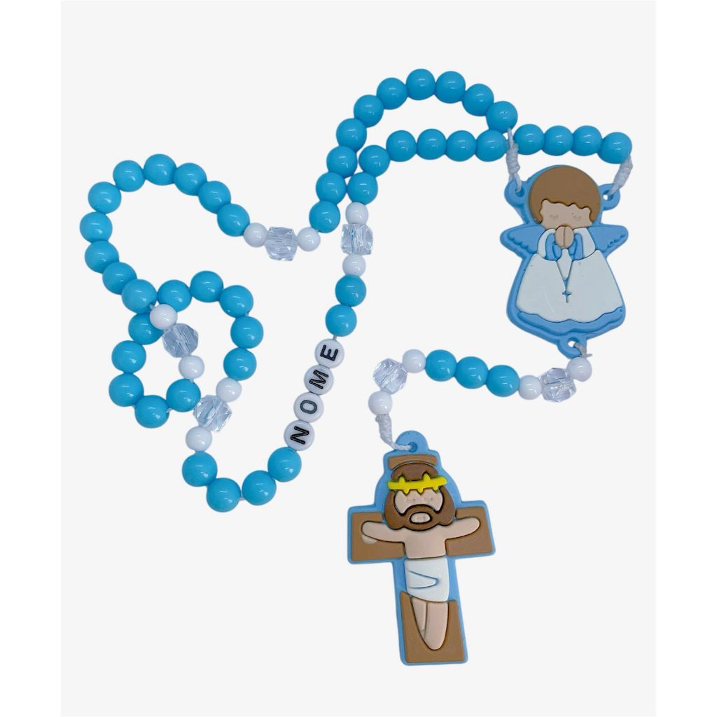 Terço Infantil Azul Personalizado com Nome Criança Batizado Comunhão em Oferta na Shopee
