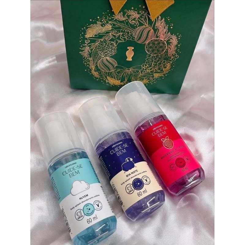 Kit Presente Cuide-Se Bem Mini Splashes (3 itens) O Boticário NUVEM - BOA NOITE - MORANGO E LEITE