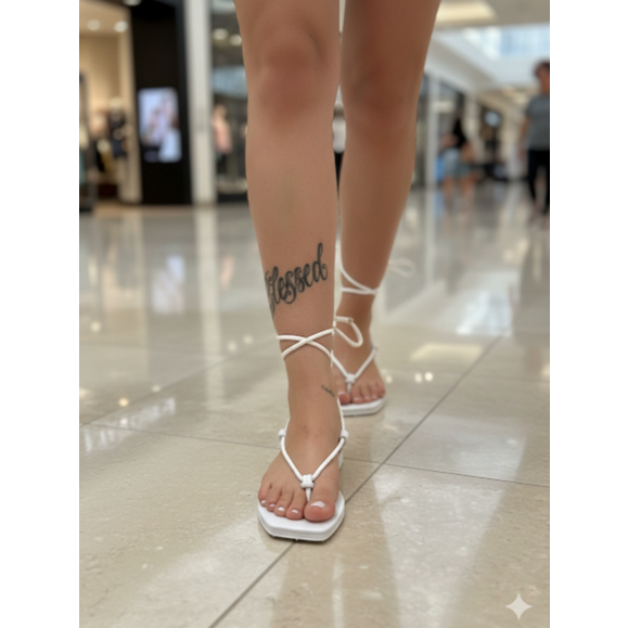 Sandália Rasteira Feminina de Amarrar Confortável Amarração no Tornozelo Verão
