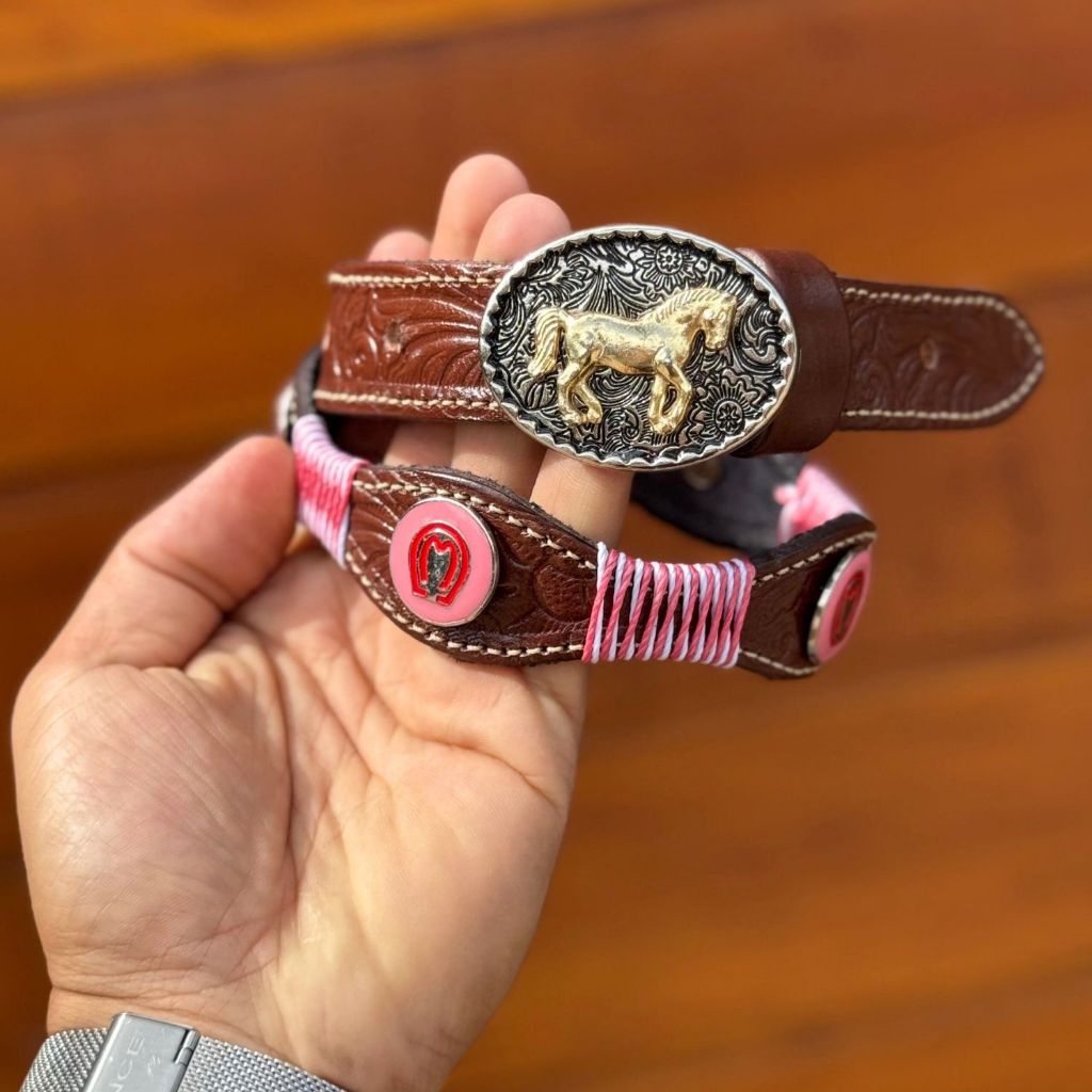 Cinto Mangalarga luxo Infantil de Couro Feminino rosa Trançado Aplique Fivela Country Menina Menino