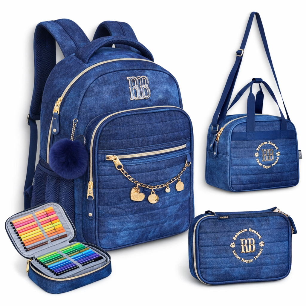 Kit Rebecca Bonbon Jeans Mochila de Costas Estojo Lancheira Oficial