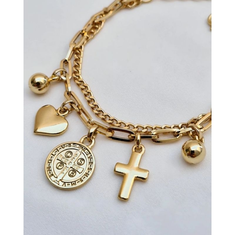 Pulseira Feminina São Bento coração proteção banhado a ouro 18k semijoia