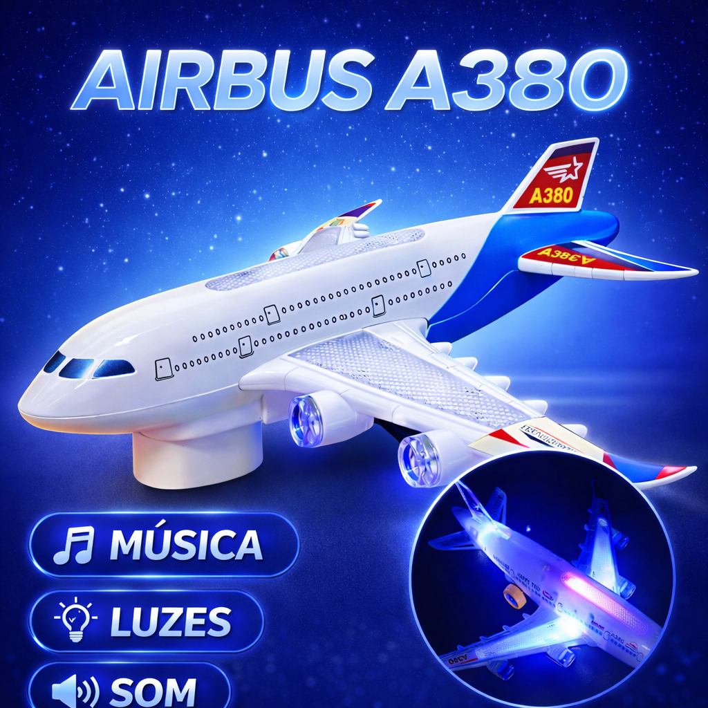 Brinquedo Avião AirBus A38 Bate Volta Com Som Musica E Luzes Infantil Colorido