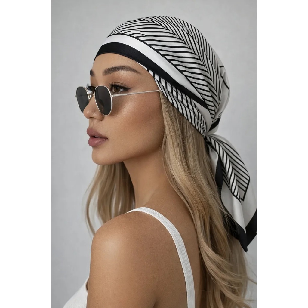 Lenço de Cetim Elegante - Elegância e Estilo Cinza Listras - Verão,  tendência - Mais vendido