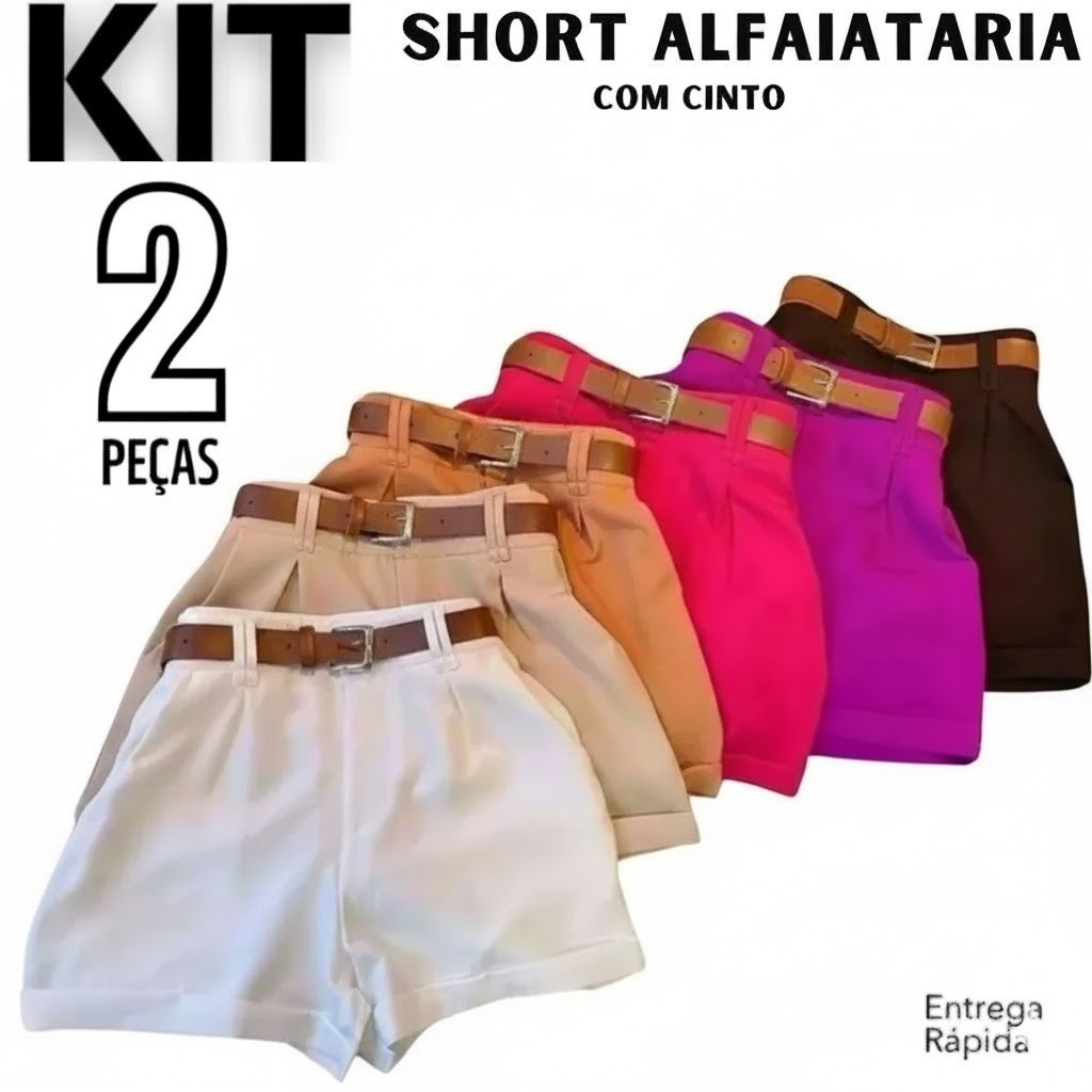 Kit 2 Shorts Alfaiataria Feminina Social Short Cintura Alta com Cinto Disfarça Barriga