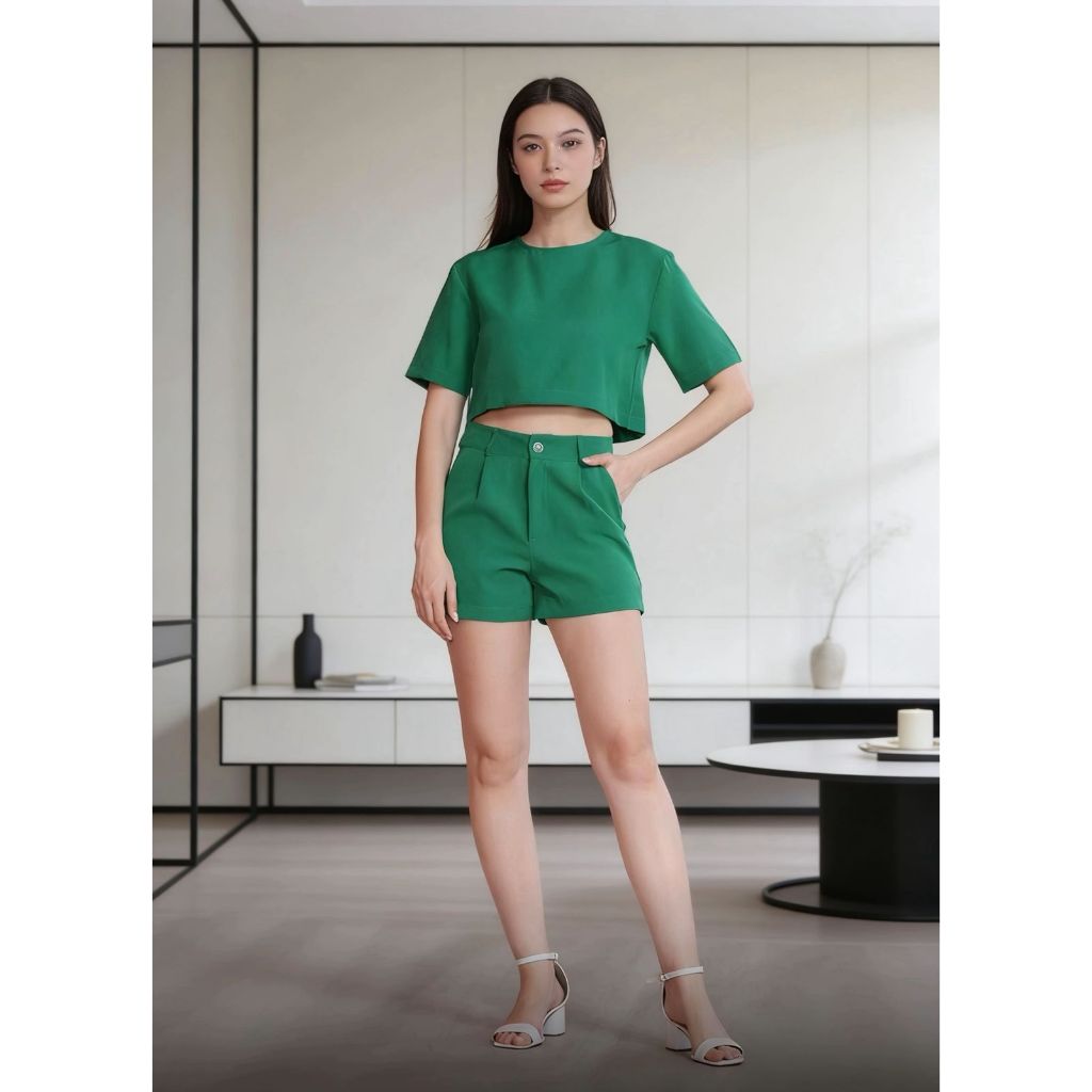 Raw Roupas Conjunto Short com botão na frente sem cinto , camisa atras com botão