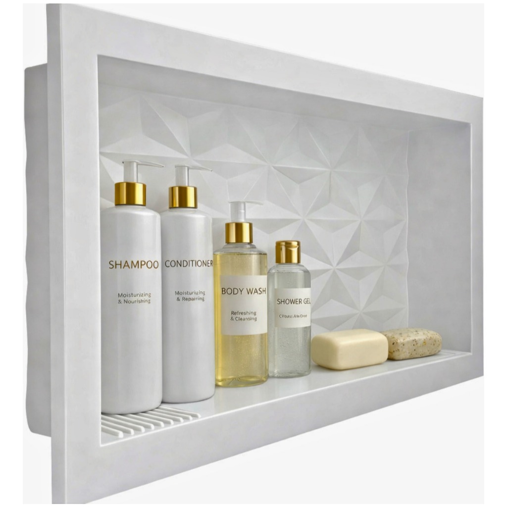 Nicho Para Banheiro Parede Porta Shampoo e Sabonete Embutir 30x60 Fundo 3D Cor Branco em Oferta na Shopee