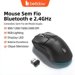 Mouse sem fio leve BETTDOW, 2,4 GHz e Bluetooth duplo, silencioso, com design ergonômico, visor LED e ajuste de DPI.