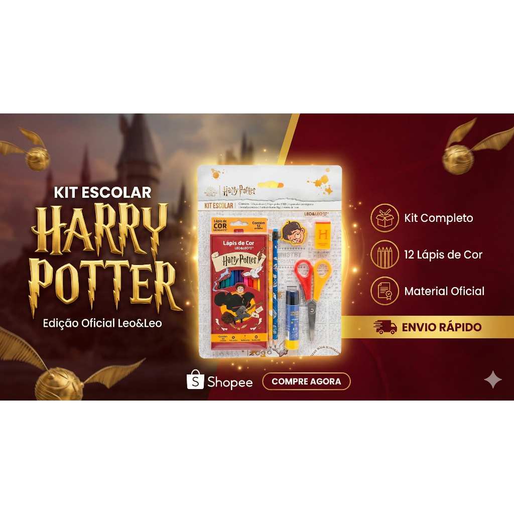 Volta as aulas!.Kit Escolar Harry Potter Leo&Leo 18 Peças: Lápis de Cor, Tesoura, Cola e Mais!