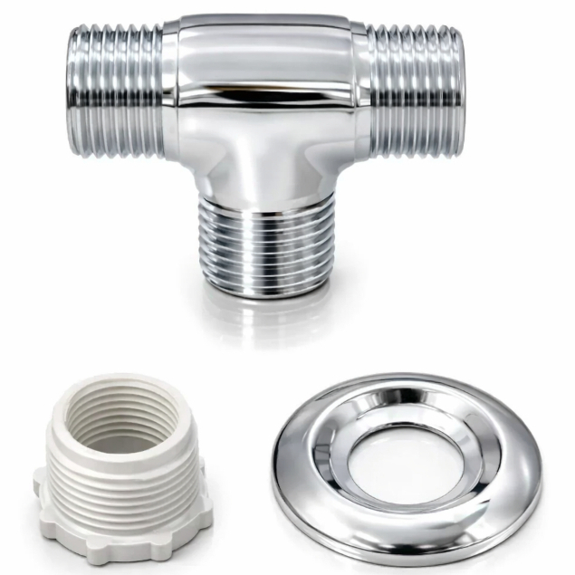 TEE Latão Roscas Macho 1/2x1/2x1/2 + Canopla Com Adaptador - Metal Cromado