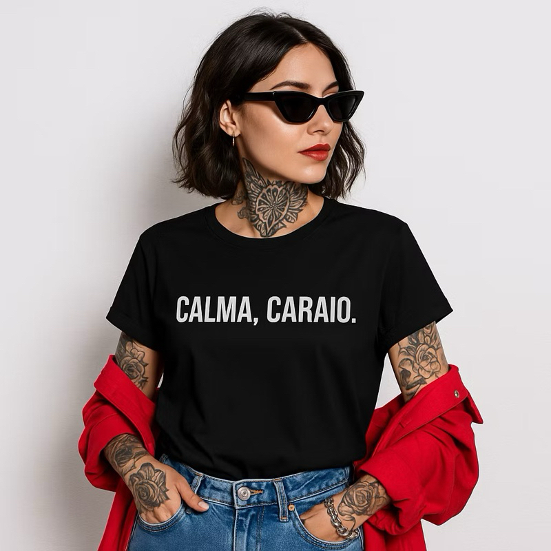 Camiseta Feminina Preta T-shirt Estampa Frases Calma Caraio Meme Blusa Algodão em Oferta na Shopee