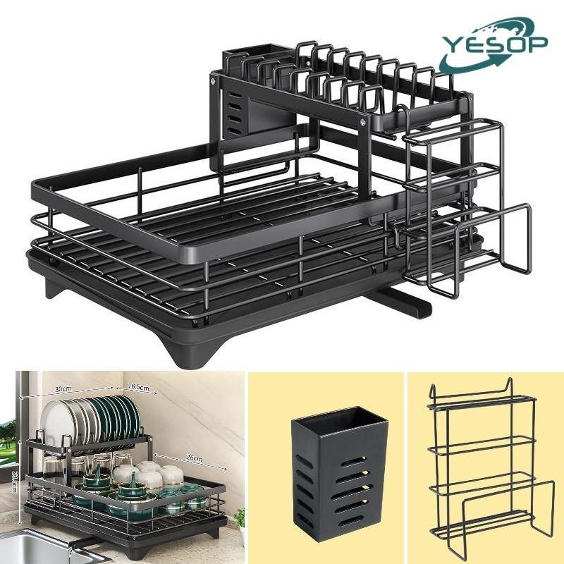 Escorredor de Louça Duplo Andares Aço Carbono Prateleira De Cozinha Com Porta Talheres Yesop em Oferta na Shopee