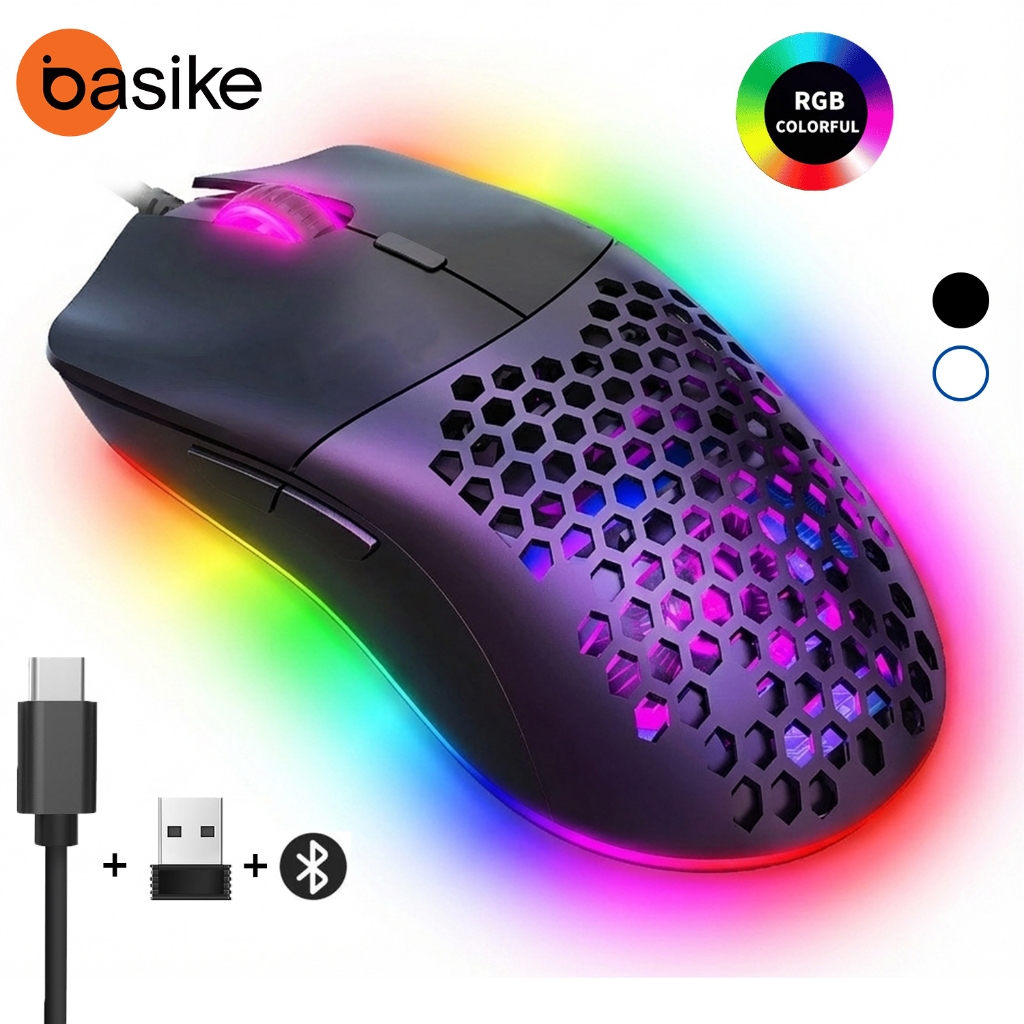 Mouse Gamer Basike Sem Fio Bluetooth Três Modos 2.4G BT5.1 12800DPI Recarregável RGB Para Jogos PC Mice