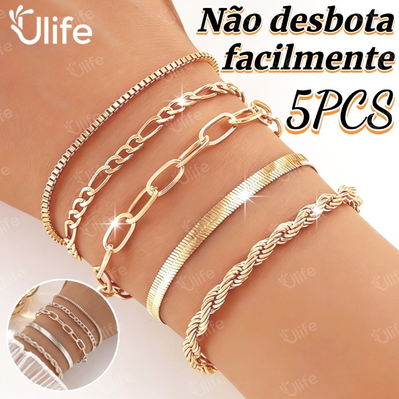 Conjunto De Pulseiras Minimalistas Boêmia 5pcs-Correntes Metálicas , Múltiplas Camadas, Presentes para Mulheres-UF em Oferta na Shopee