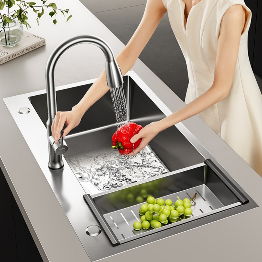 Pia Embutir Inox 304 Premium — Cuba Quadrada 50x40x21cm, Acessórios Inclusos, Acabamento Nano, Dreno Rápido
