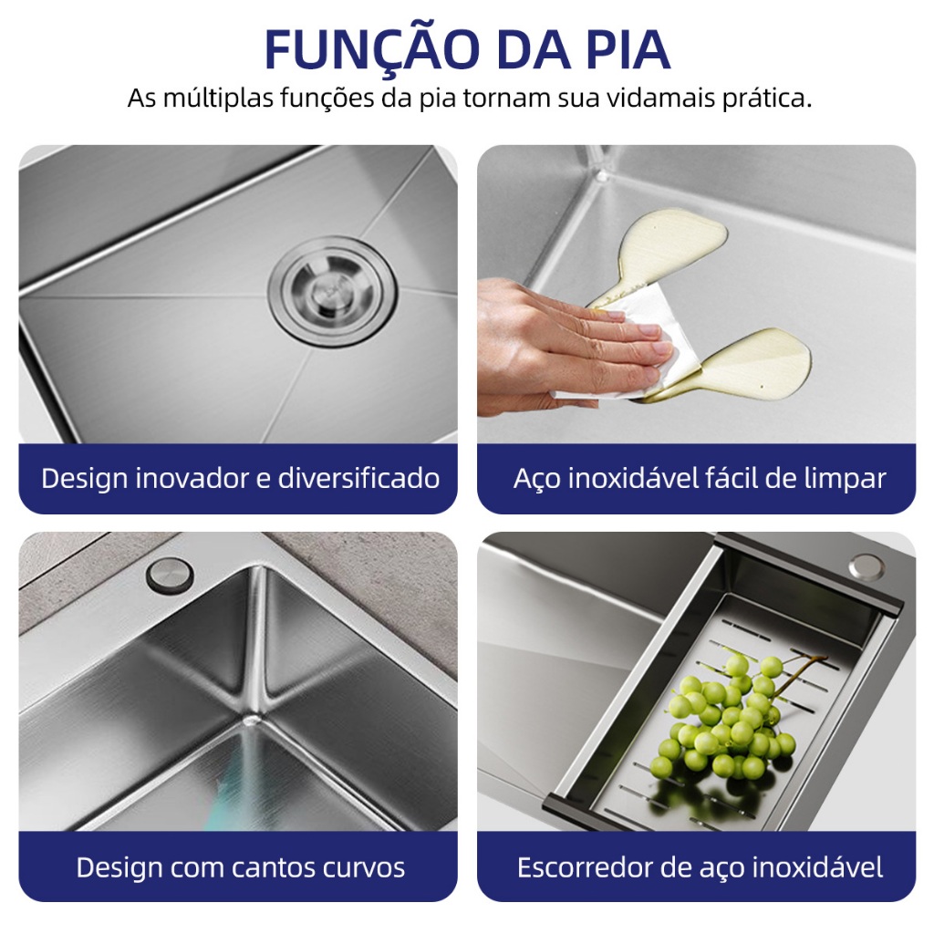 Pia Embutir Inox 304 Premium — Cuba Quadrada 50x40x21cm, Acessórios Inclusos, Acabamento Nano, Dreno Rápido — imagem 2 de 2