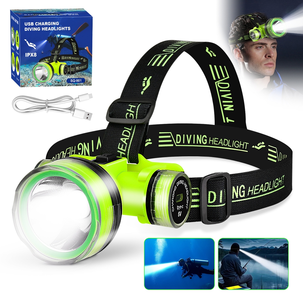 Imagem Lanterna de Cabeça 2000 Lumens IPX8 Recarregável Mergulho Longo Alcance 100m