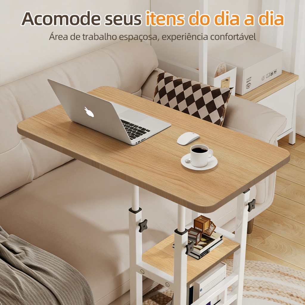 Mesa Multiuso com 3 Prateleiras — Altura Regulável, Rodinhas, Cantos Seguros, Ideal para Notebook, Tablet, Livros e Plan — imagem 2 de 2